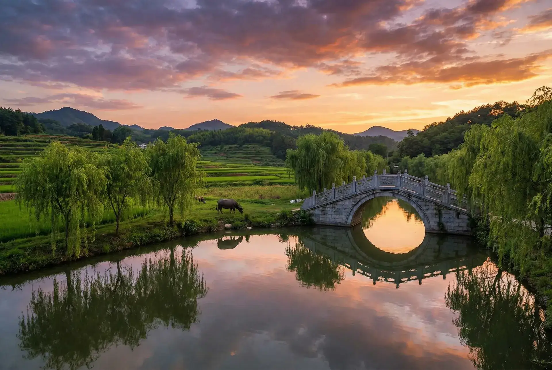 夕阳下的石拱桥与垂柳，水牛在河边吃草 - 2012电影免费版完整版观看 乡村美景